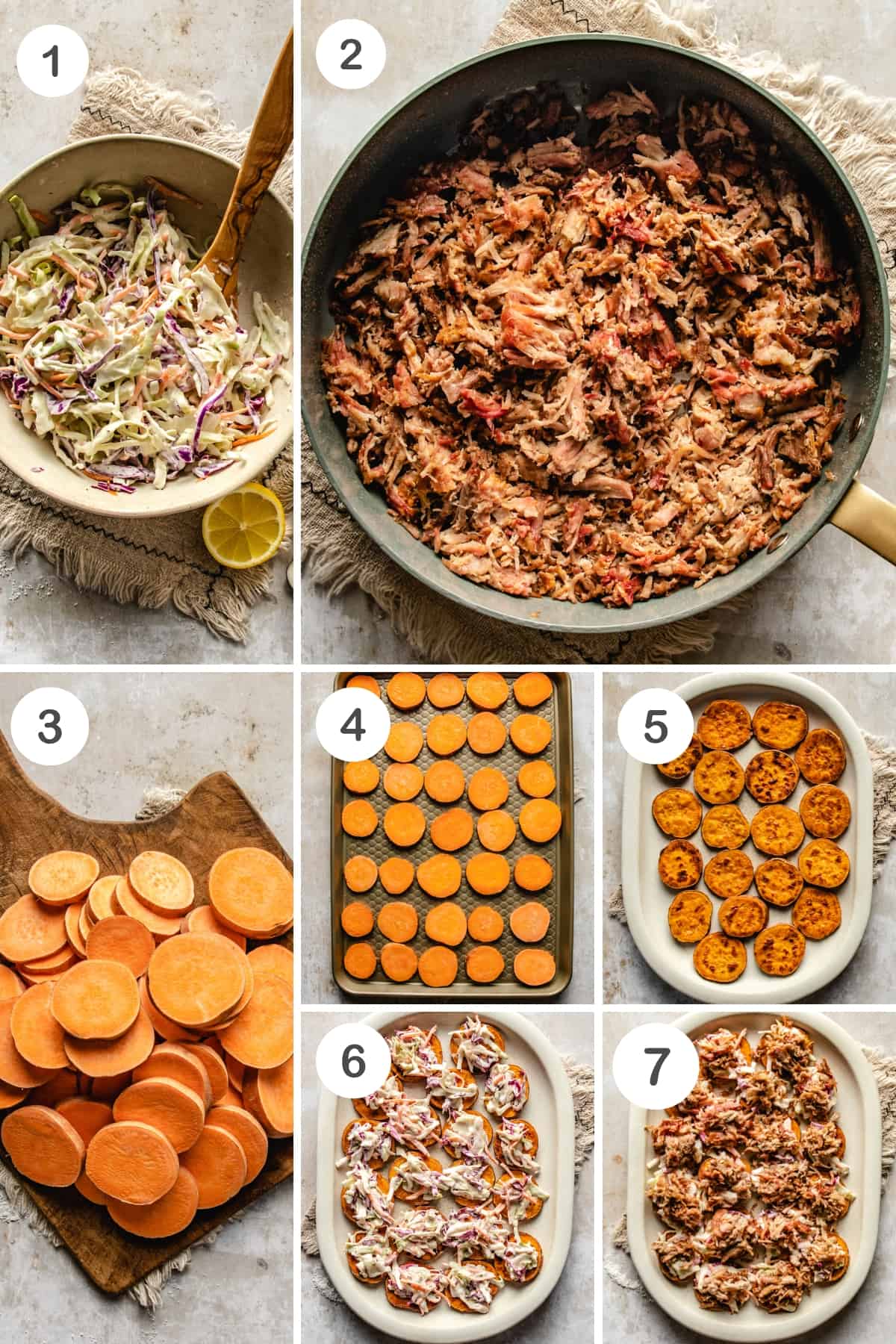 numbered step by step photos showing how to make pulled pork sliders with sweet potato buns