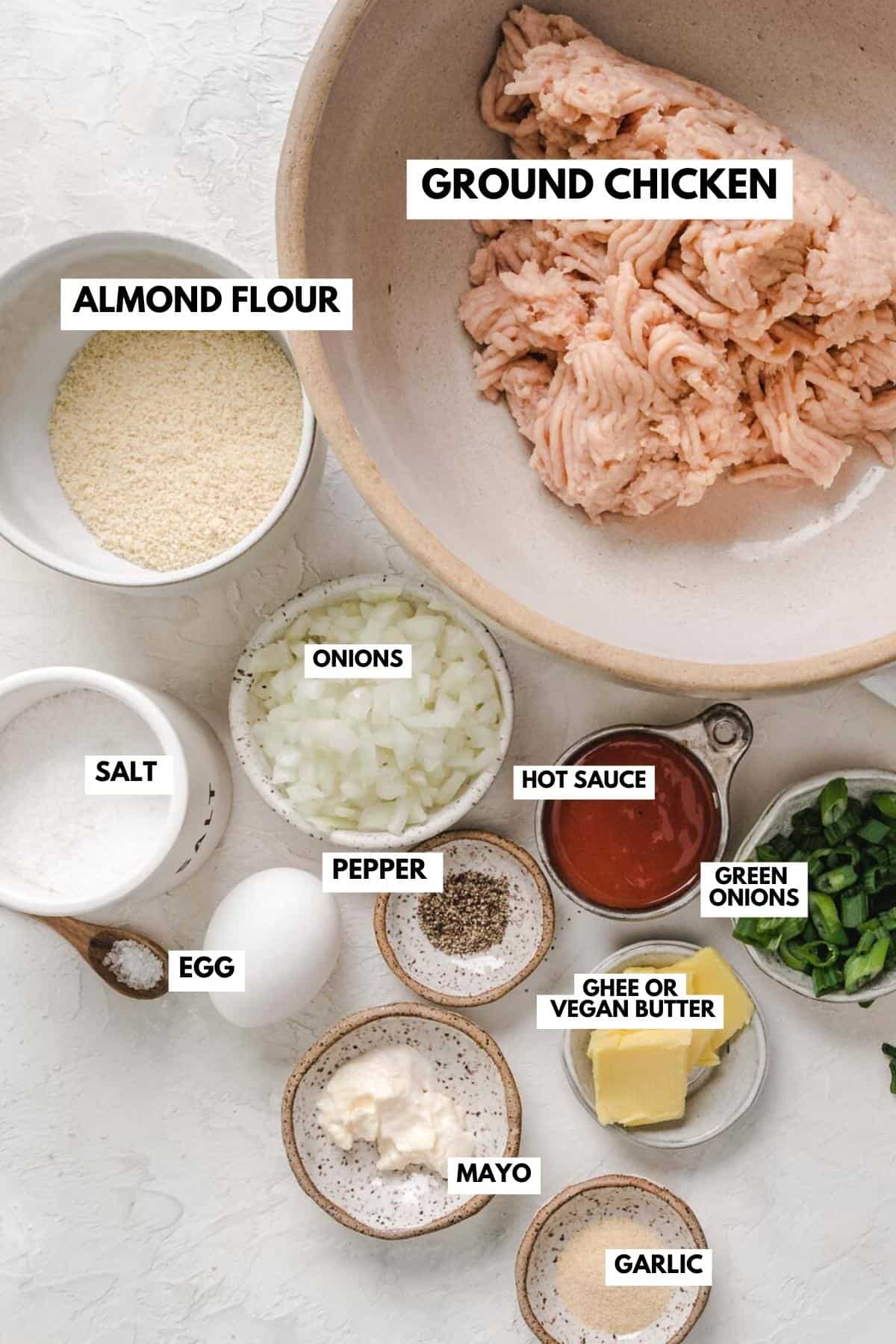 recipe ingredients in small bowls and labeled