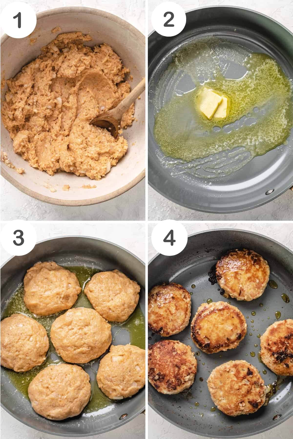 numbered step by step photos showing how to make these chicken patties in a skillet