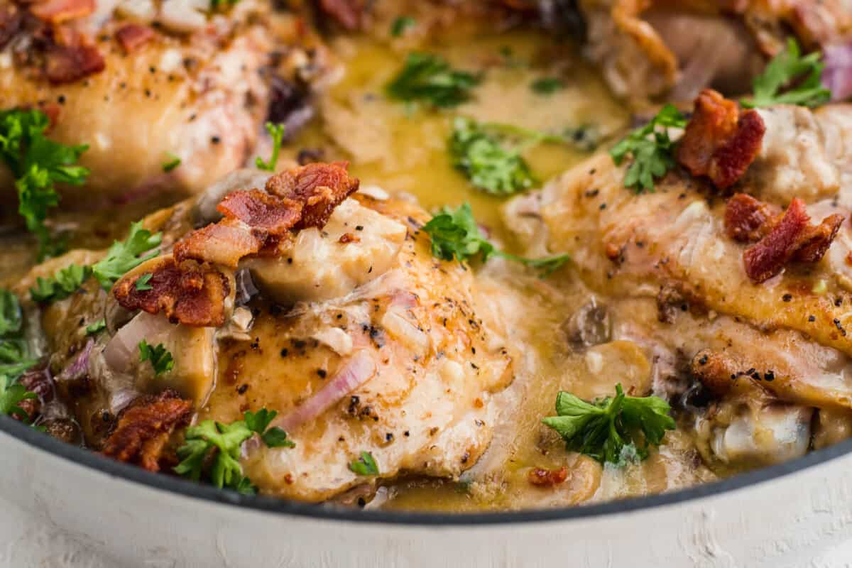 Creamy mushroom and bacon chicken thigh skillet