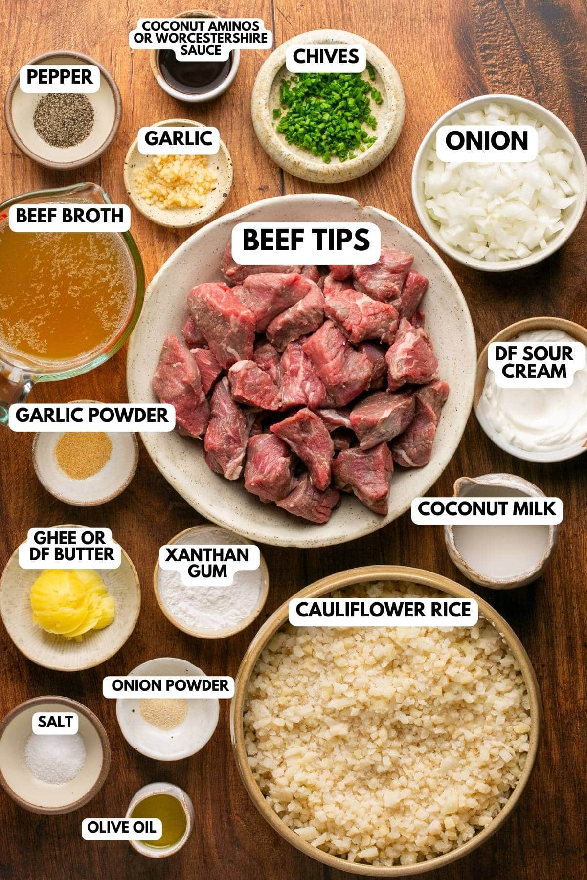 ingredients for beef tips and gravy with cauliflower mash