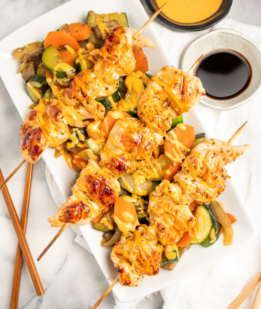 Hibachi Chicken Skewers and veggies