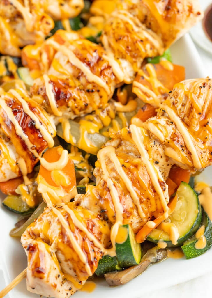 Hibachi Chicken Skewers and veggies