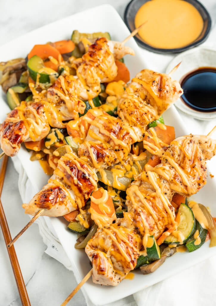 Hibachi Chicken Skewers and veggies