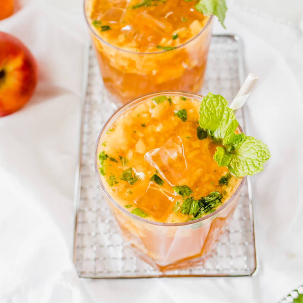 Peach Bourbon Smash Cocktail with Mint