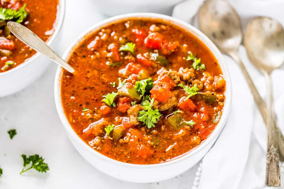 a bowl of savory stuffed pepper soup