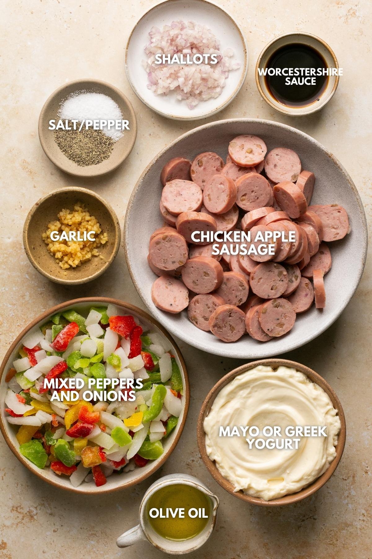 recipe ingredients in small bowls and lableed