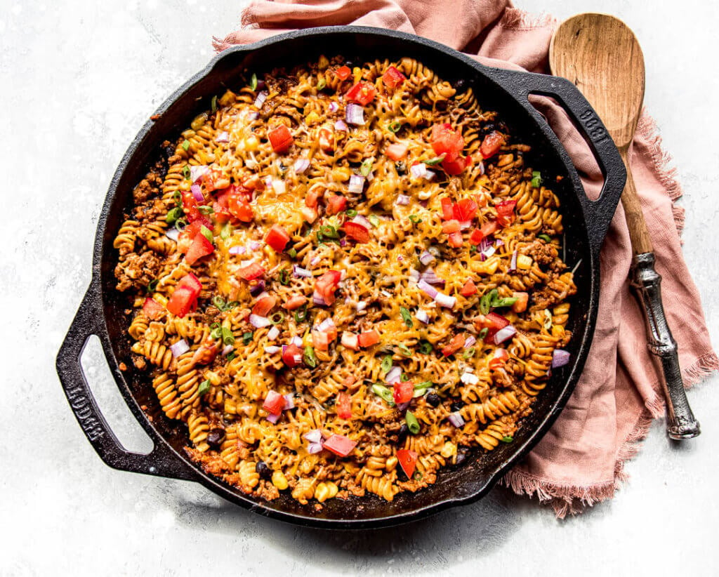 Taco Pasta in a cast iron skillet