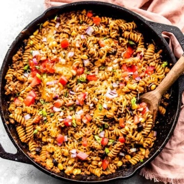 Taco Pasta in a cast iron skillet