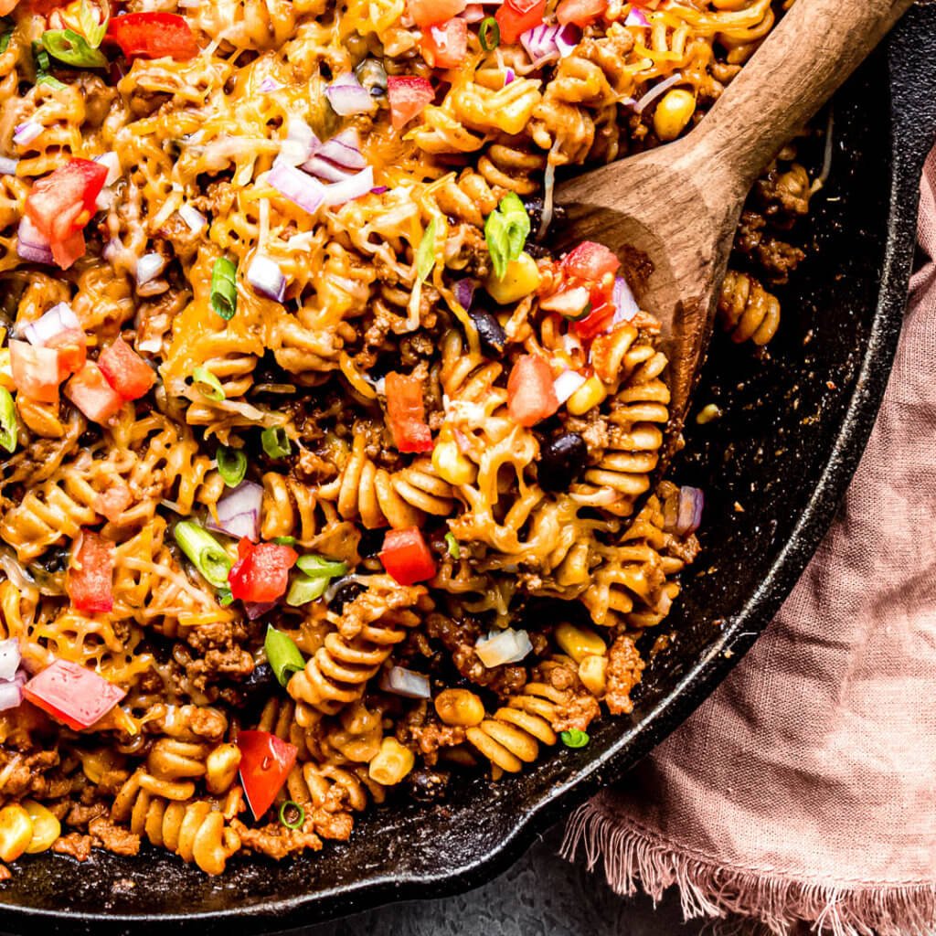 Taco Pasta in a cast iron skillet