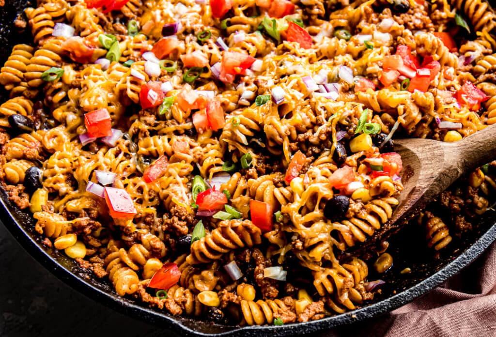 Taco Pasta in a cast iron skillet