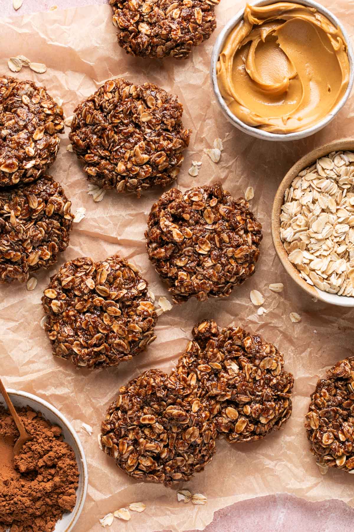 no bake protein cookies on a sheet of parchment paper