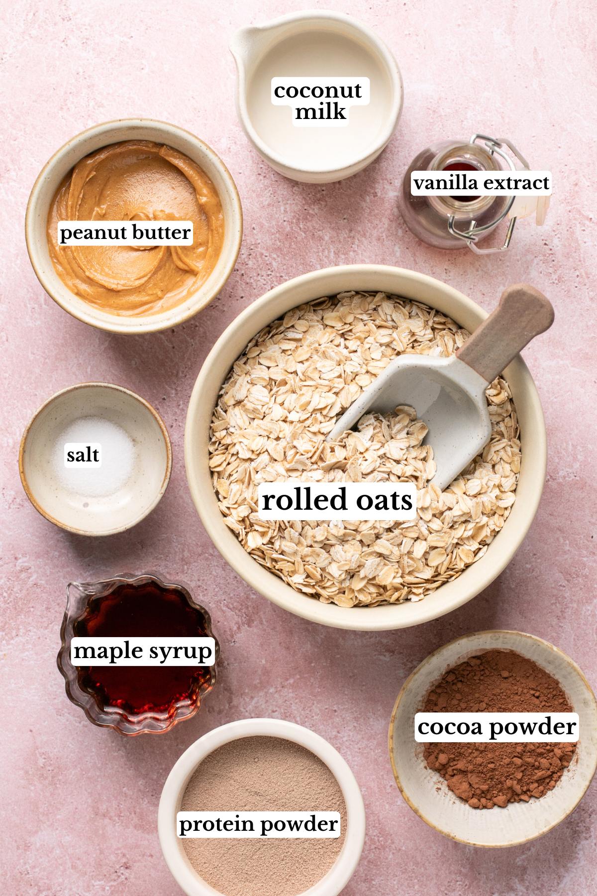 recipe ingredients in small bowls and labeled