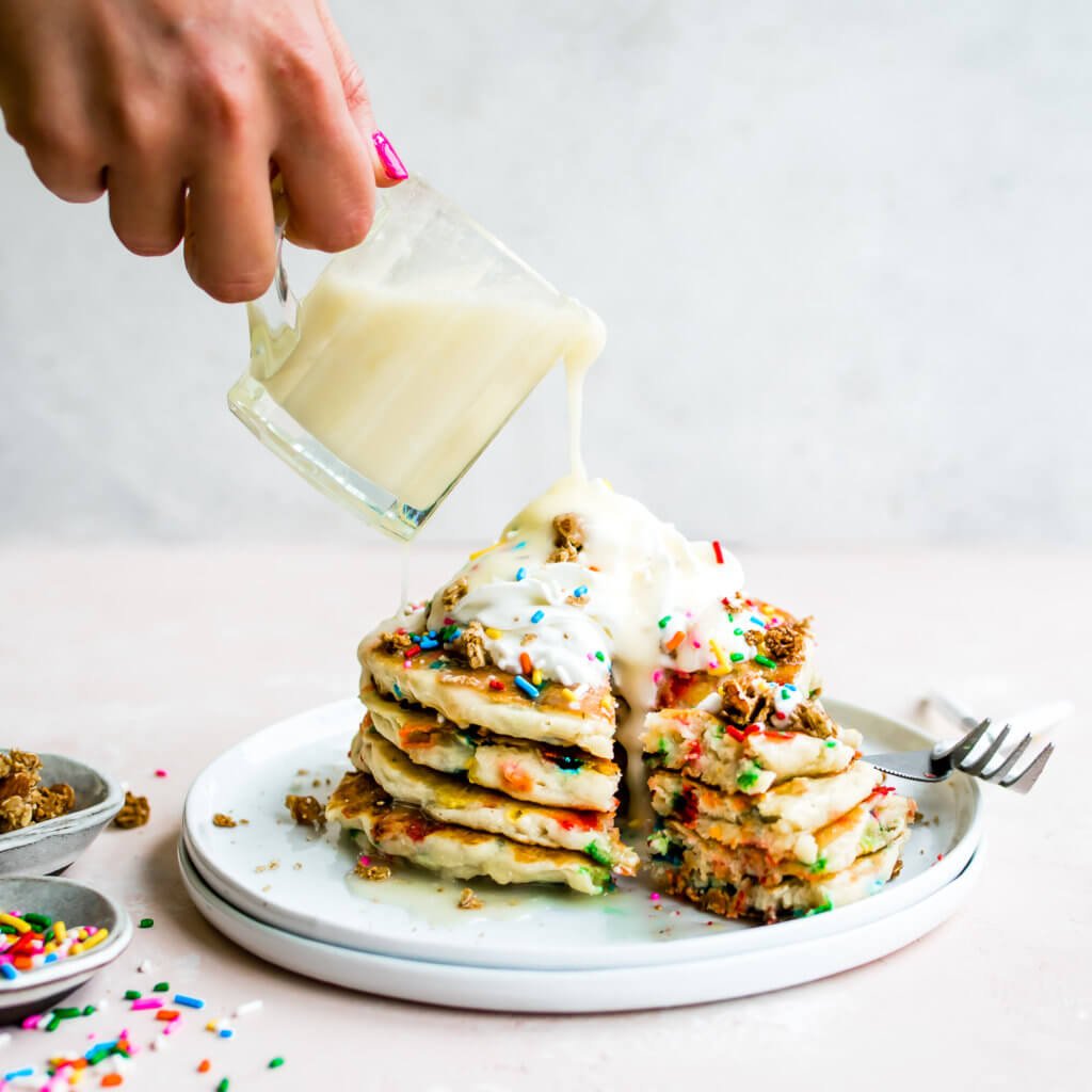 Birthday Cake Pancakes with Buttercream Glaze 