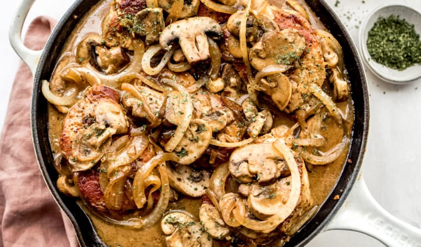 smothered pork chops with mushrooms, onions, and gravy.