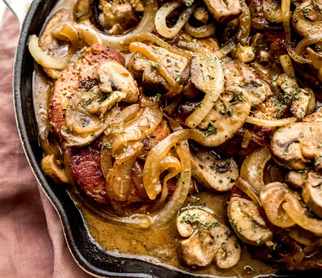 smothered pork chops with mushrooms, onions, and gravy. 