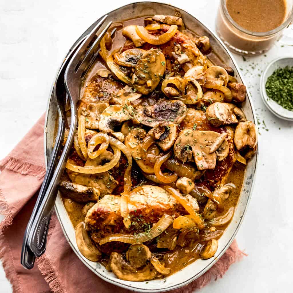 smothered pork chops with mushrooms, onions, and gravy. 