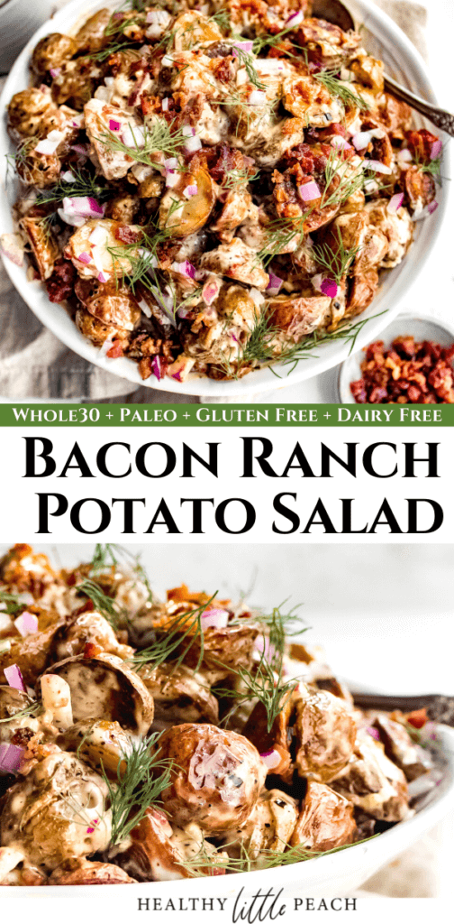 Pinterest Pin for Bacon Ranch Potato Salad. 2 pictures of potato salad in a bowl. 