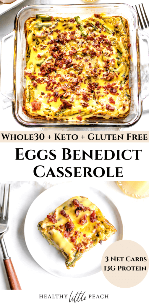 Eggs Benedict casserole with crispy bacon pinterest pin