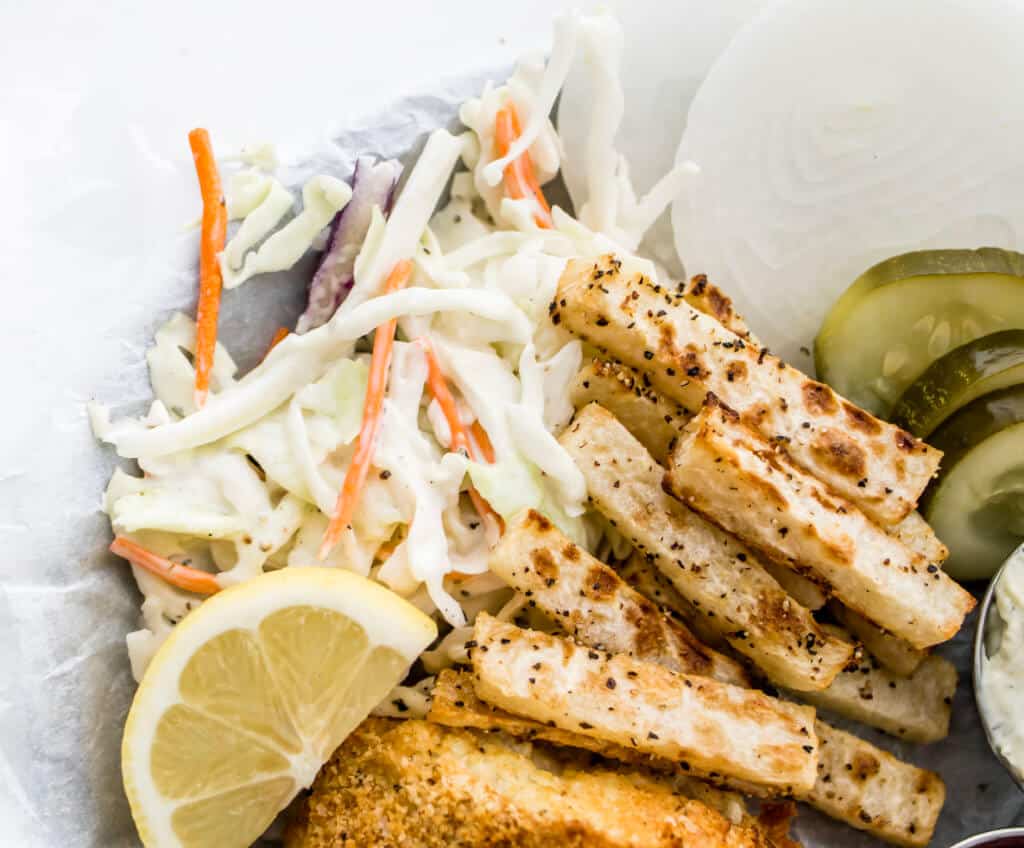 Closeup image of the ranch coleslaw and jicama fries