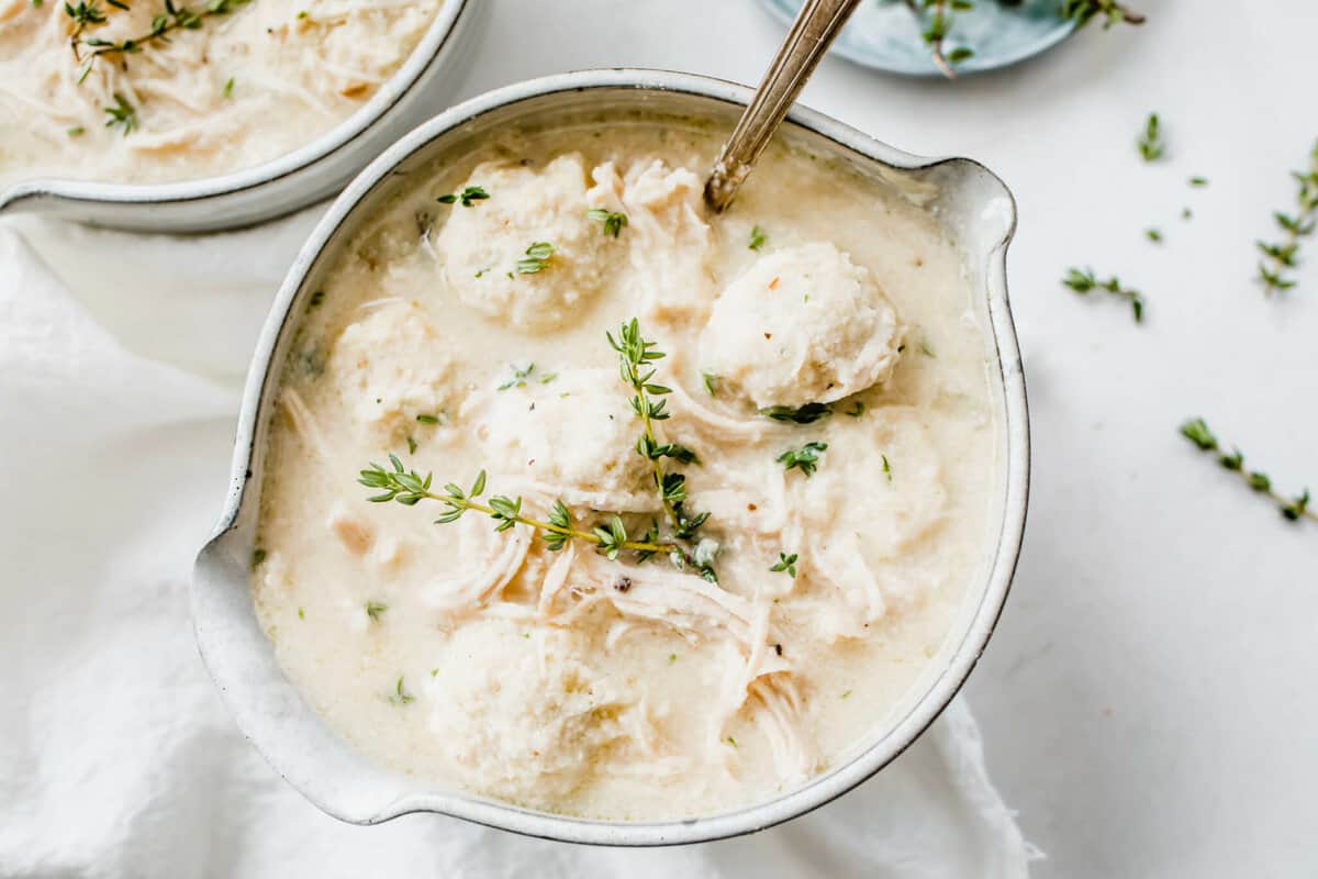 a crockpot filled with keto creamy chicken and dumplings
