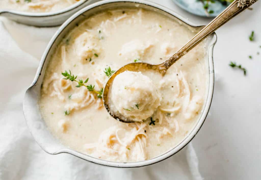 A close up view of the chicken and dumplings