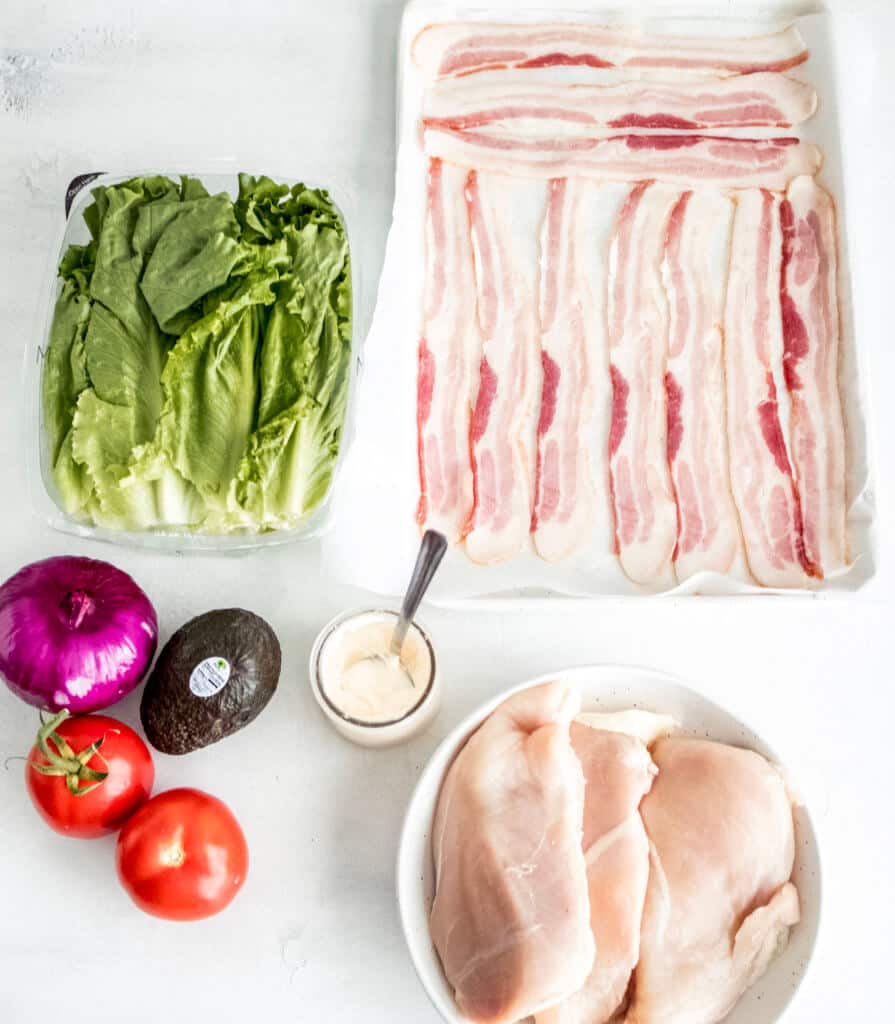Ingredients needed. Chicken breast, bacon, lettuce, avocado, mayo, tomatoes and bacon. 