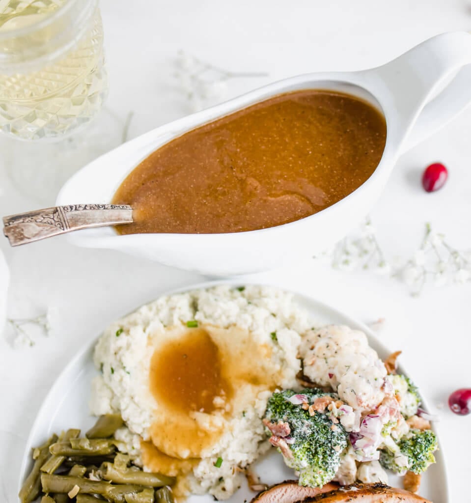 Brown gravy in a gravy boat bowl