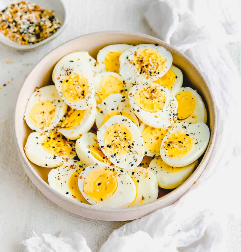 Everything But the Bagel Seasoning on top of boiled air fryer eggs