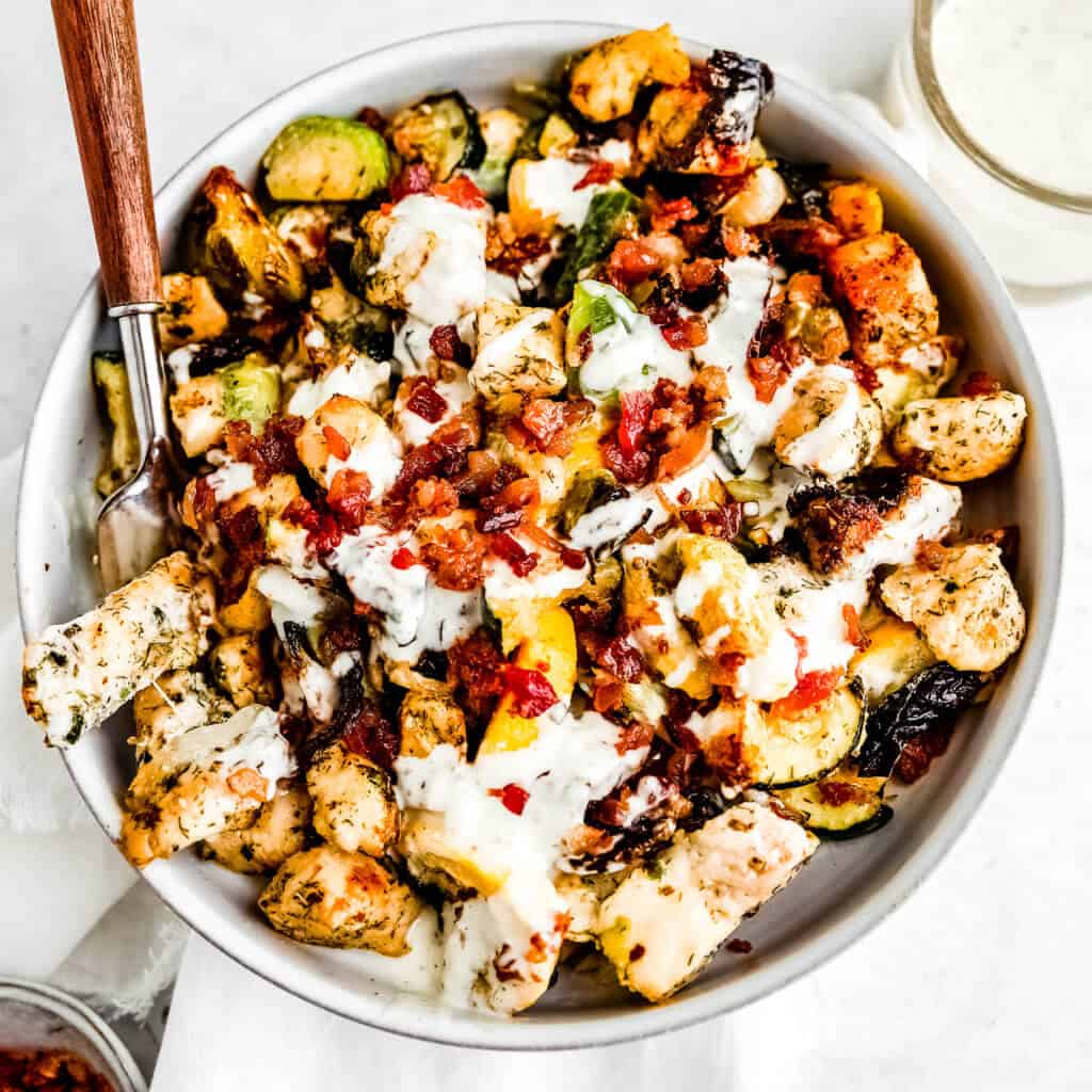 Chicken, veggies with ranch and bacon on top