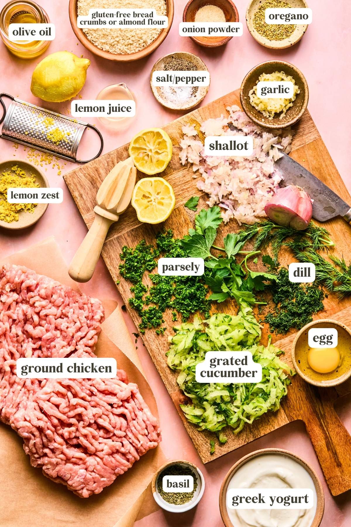 Ingredients for a recipe are arranged on a table, including ground chicken, olive oil, lemon zest, lemon juice, herbs, spices, grated cucumber, chopped shallot and garlic, an egg, and Greek yogurt, all labeled with text.