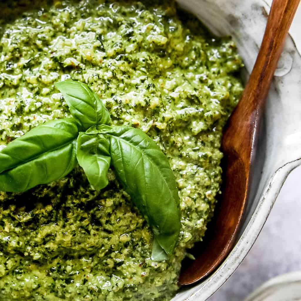 a close up photo of Vegan and Dairy-Free Pesto