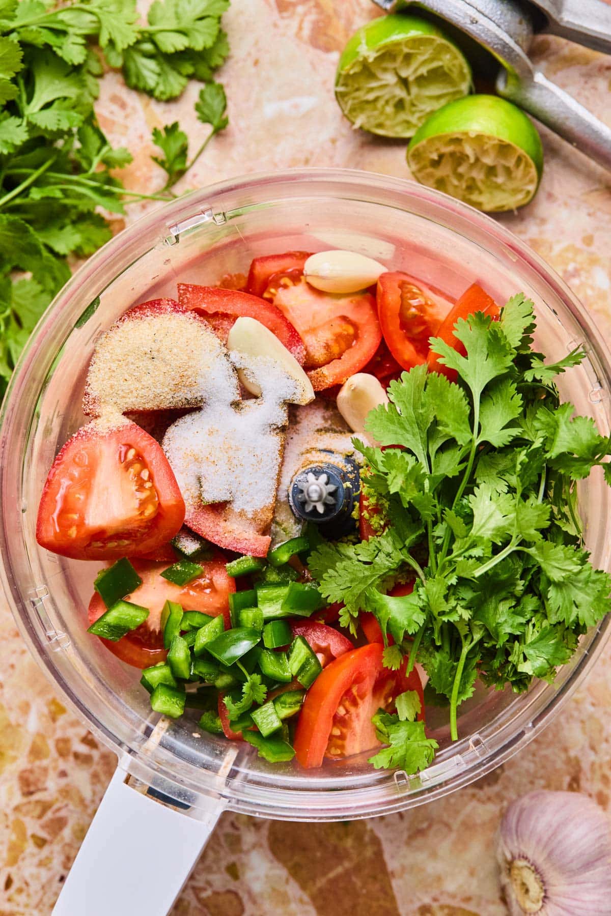 Quartered Roma tomatoes, chopped red onion, jalapeño, cilantro, and garlic cloves in a food processor.
