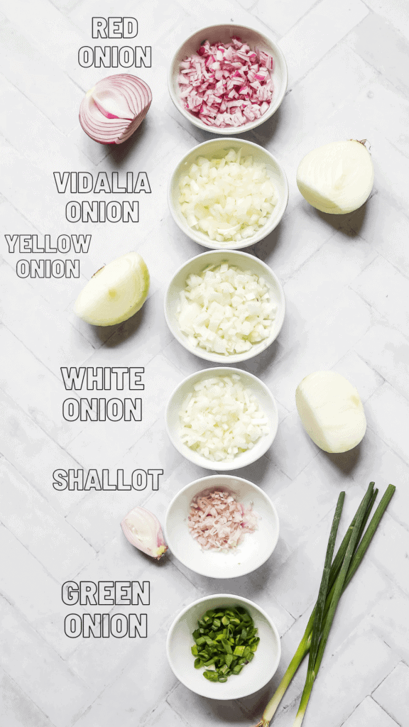 6 different types of onions diced in white bowls with half of the onion next to the bowl with a white background