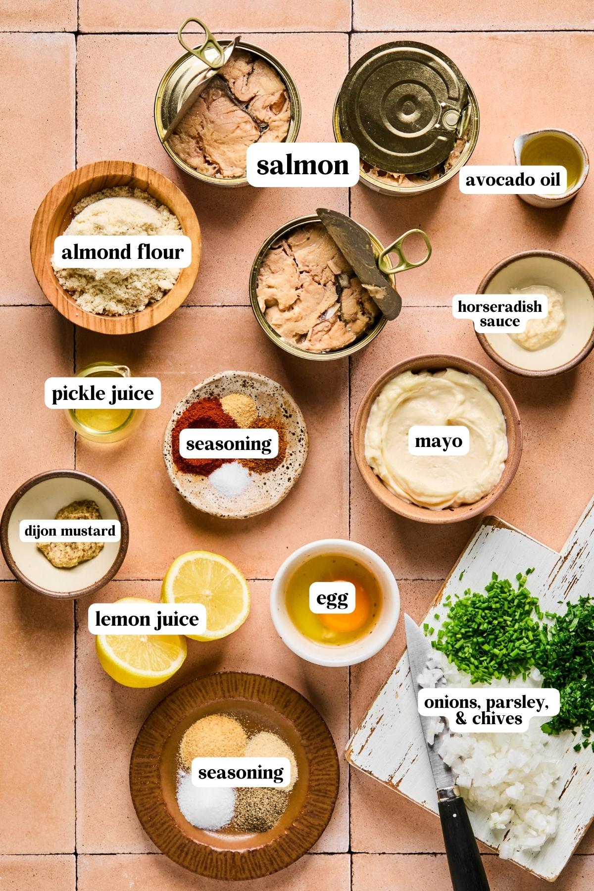 recipe ingredients in small bowls and labeled 