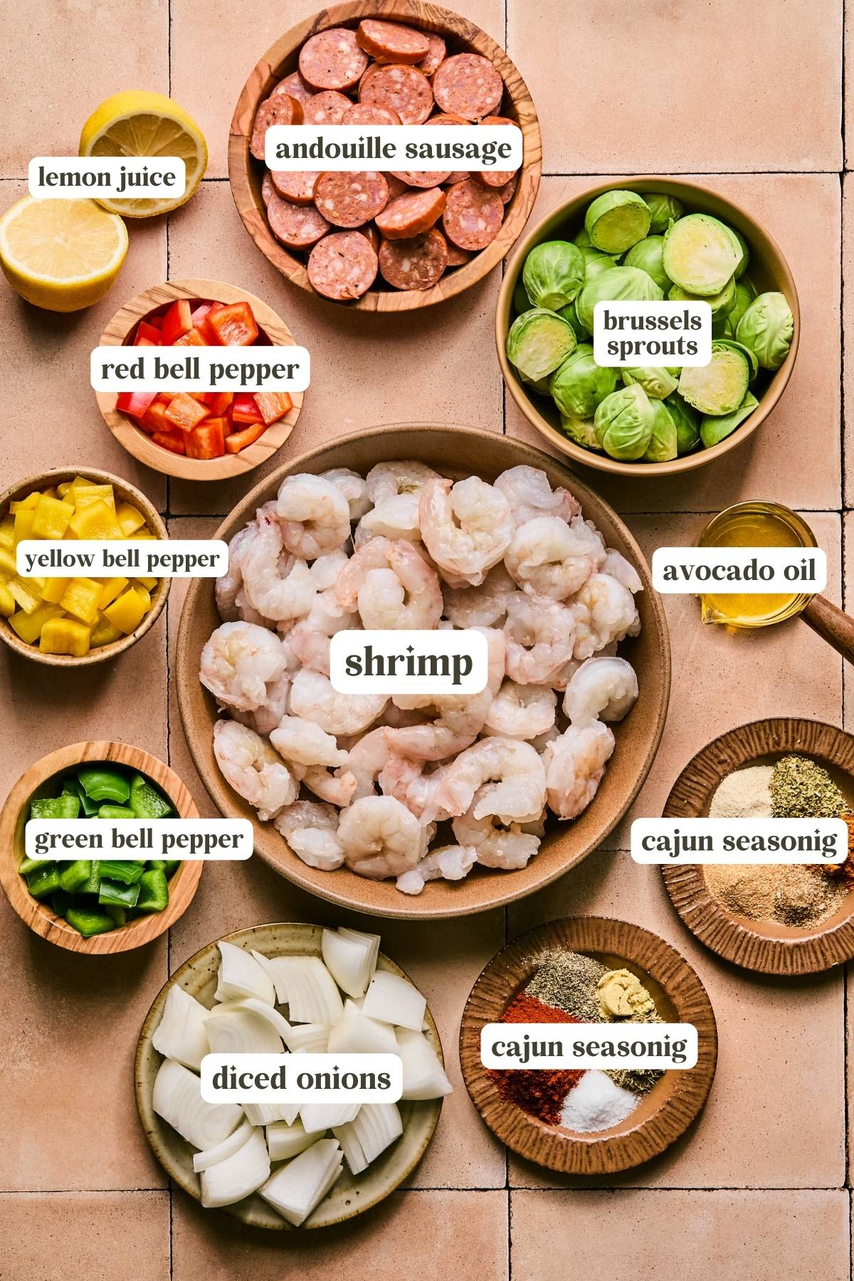 recipe ingredients in small bowls and labeled. 