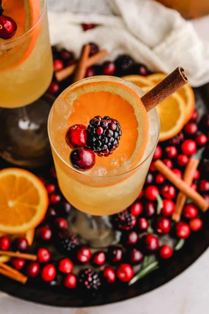 A glass with punch and cranberries, blackberries and a cinnamon stick