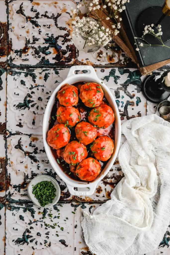 firecracker meatballs in a white baking dish