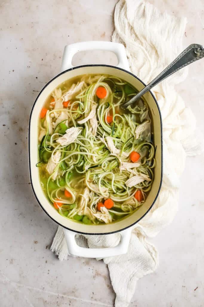 chicken zoodle soup in a dutch oven