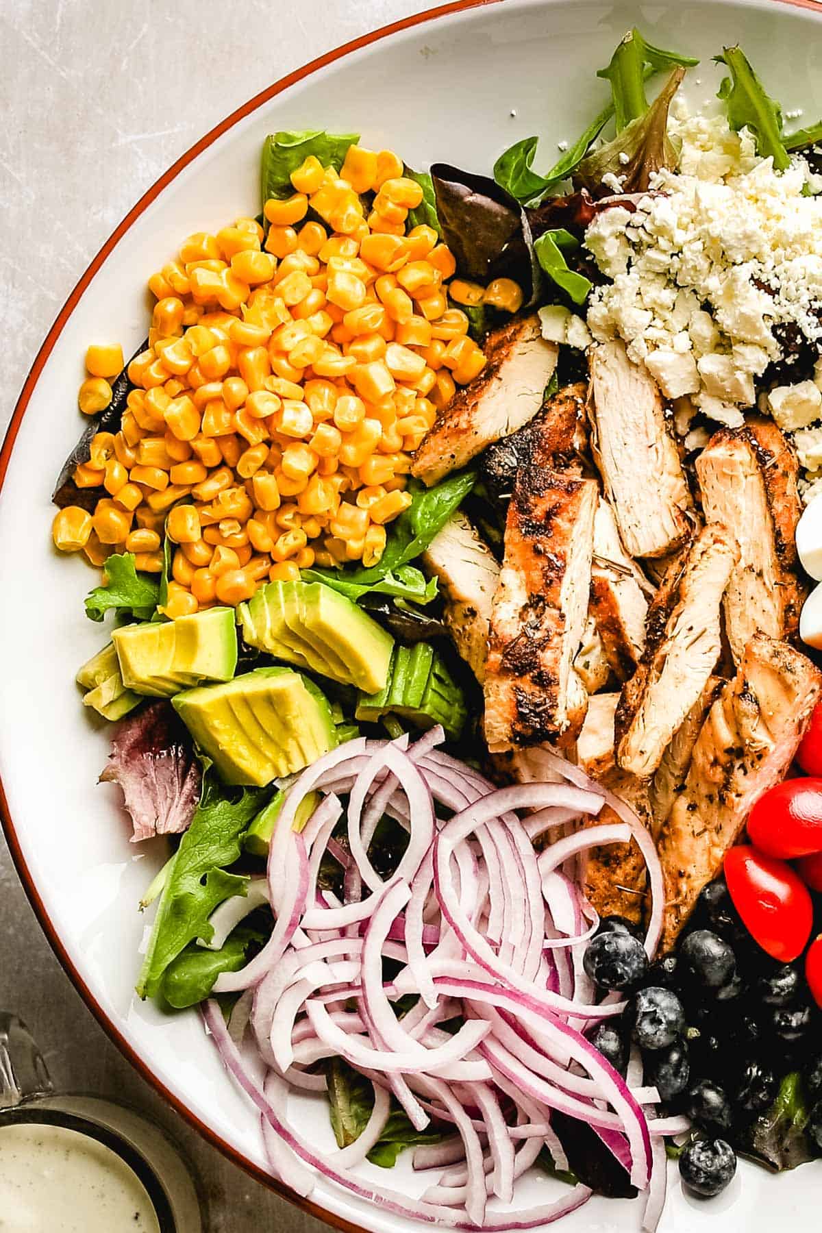 upclose shot of a Cobb salad with corn, red onions, chicken, tomatoes, feta cheese, blueberries and mixed greens