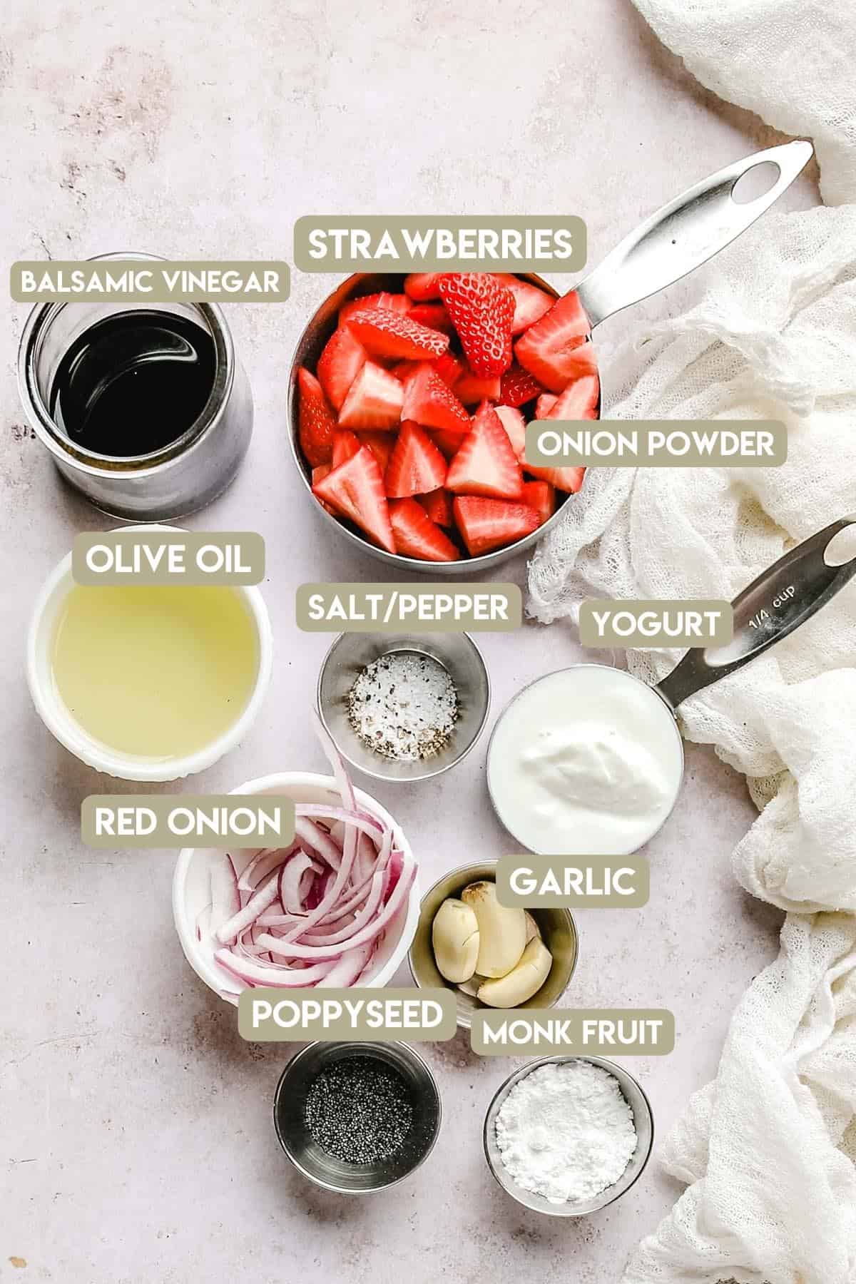 ingredients for the creamy strawberry balsamic poppy seed dressing
