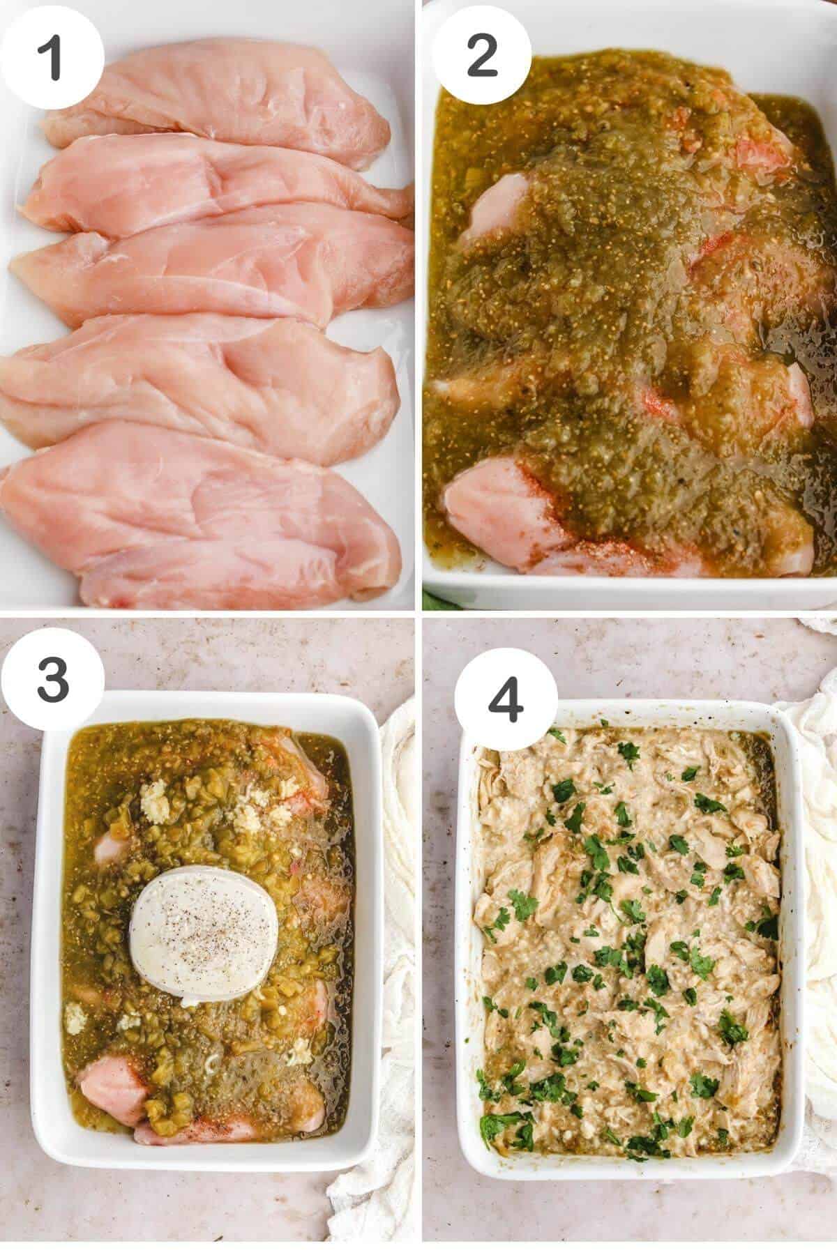 four quadrants of photos showing the step by step recipe instructions for pollo verde casserole with herdez salsa verde