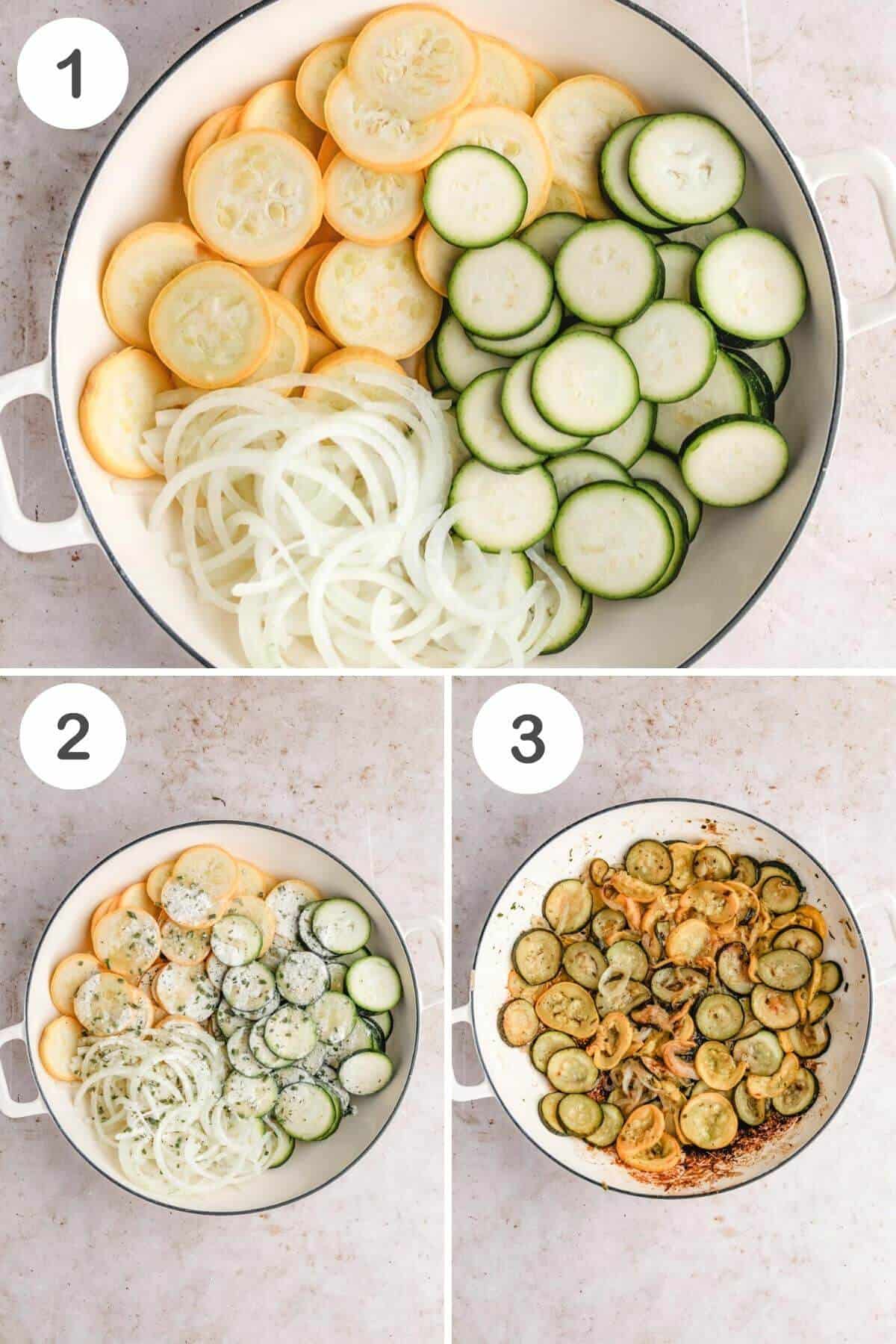three step by step photos for house to make this sautéed zucchini and onions with ranch seasoning for vegetables. 