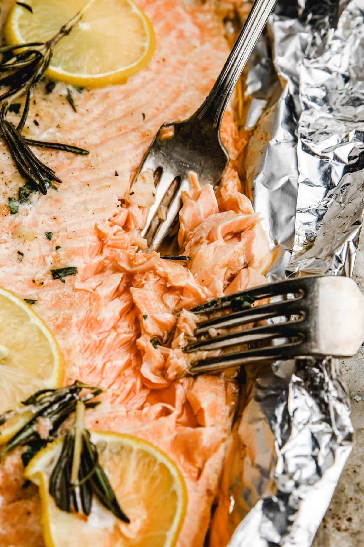 a closeup photo of two forks cutting the flesh of baked salmon