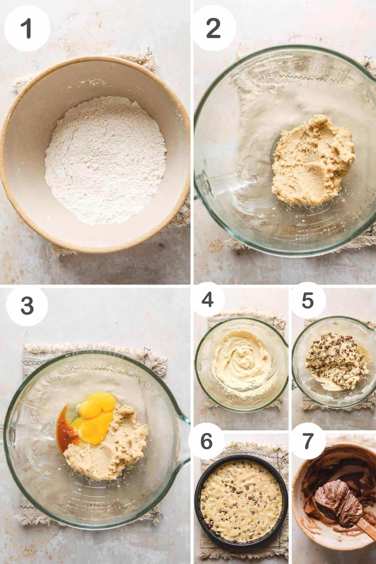 labeled step by step photos showing how to make this gluten-free cookie dough cake recipe