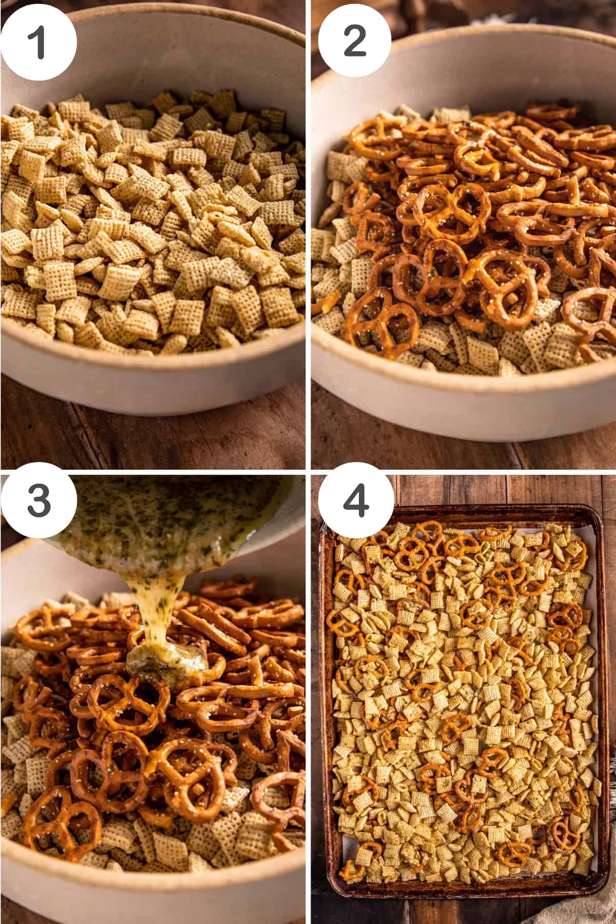 numbered step by step photos showing how to make gluten free chex mix. 