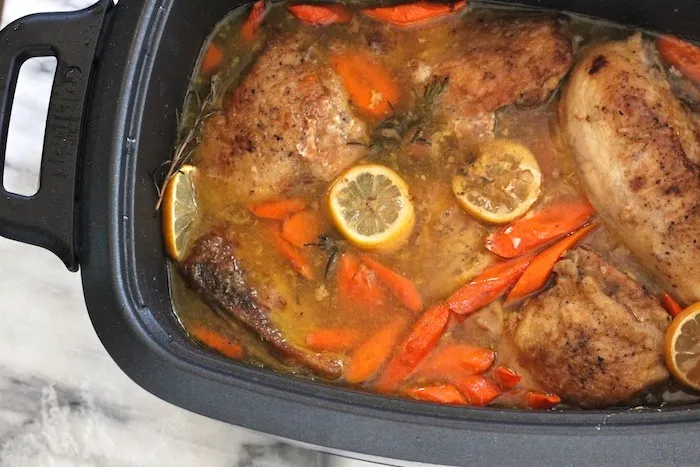 keto slow cooker lemon chicken in a crockpot. 