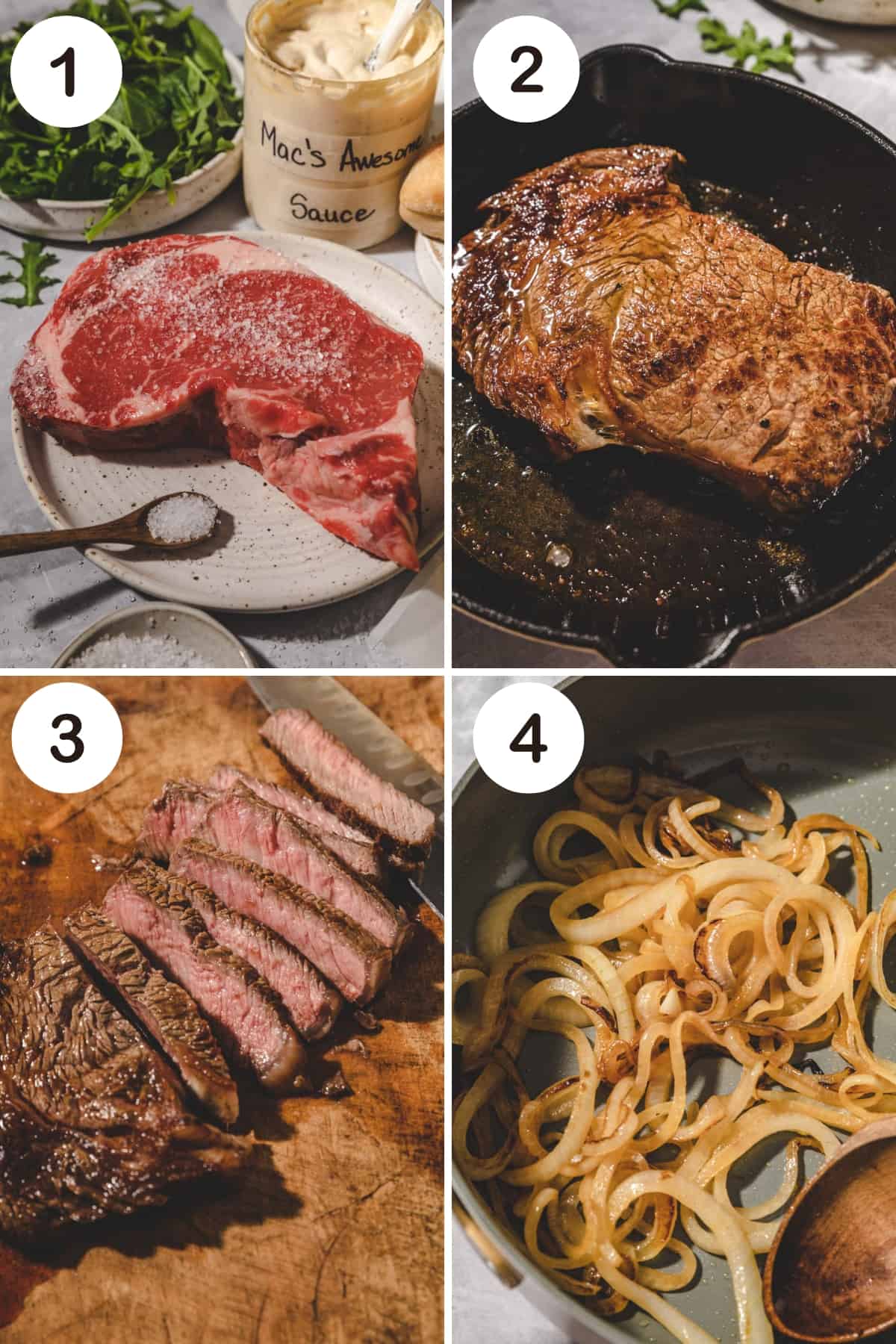 numbered step by step photos showing how to grill and slice a ribeye steak