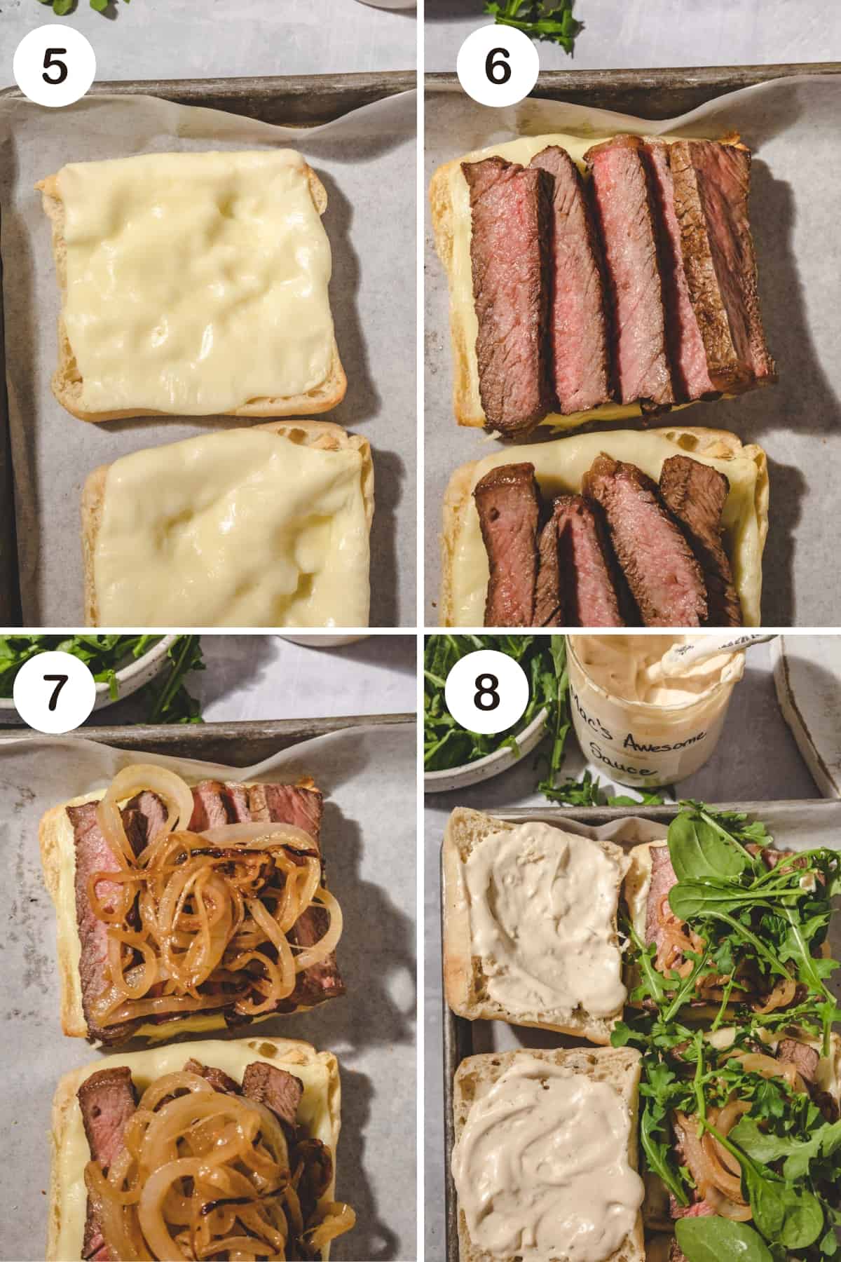 numbered step by step photos showing how to assemble a ribeye steak sandwich