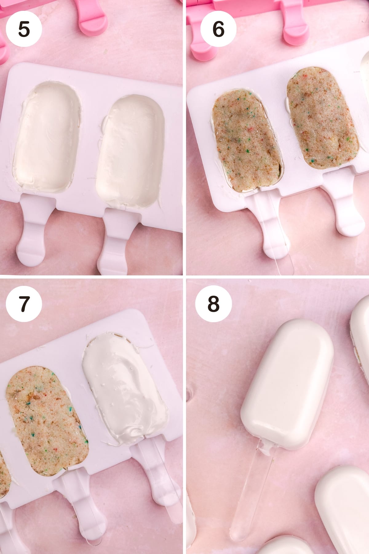 numbered step by step photos showing how to put the cake into silicone molds
